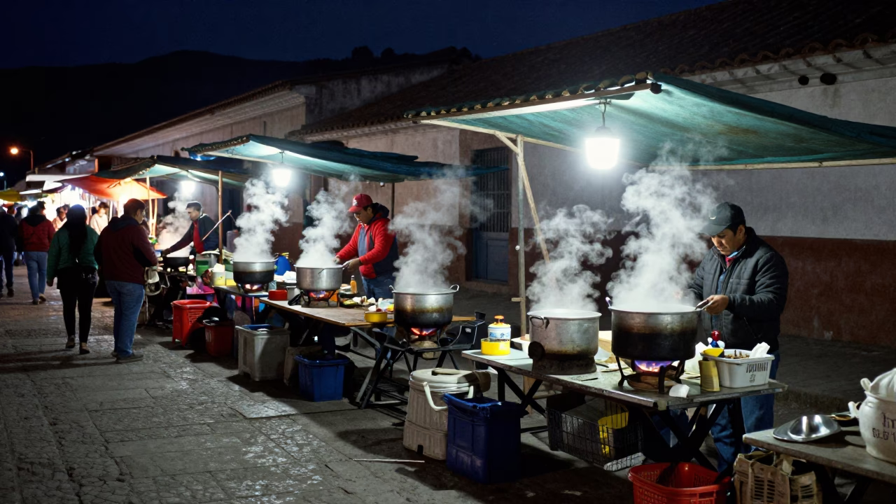 Cusco Street Vendors at Midnight Light in in Cusco, Peru