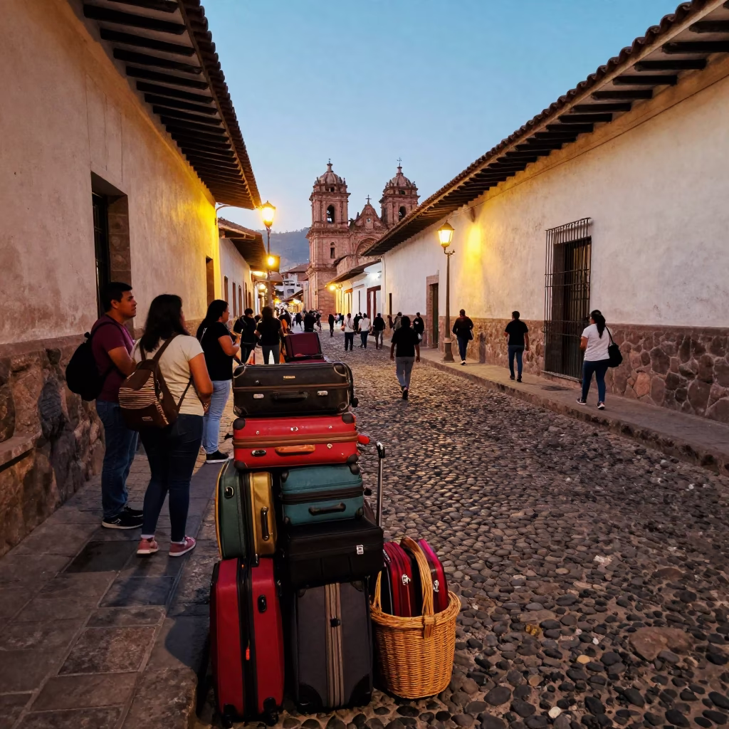 Cusco Summer Evening Street Scene With Suitcases And Wicker Shadows in in Cusco, Peru