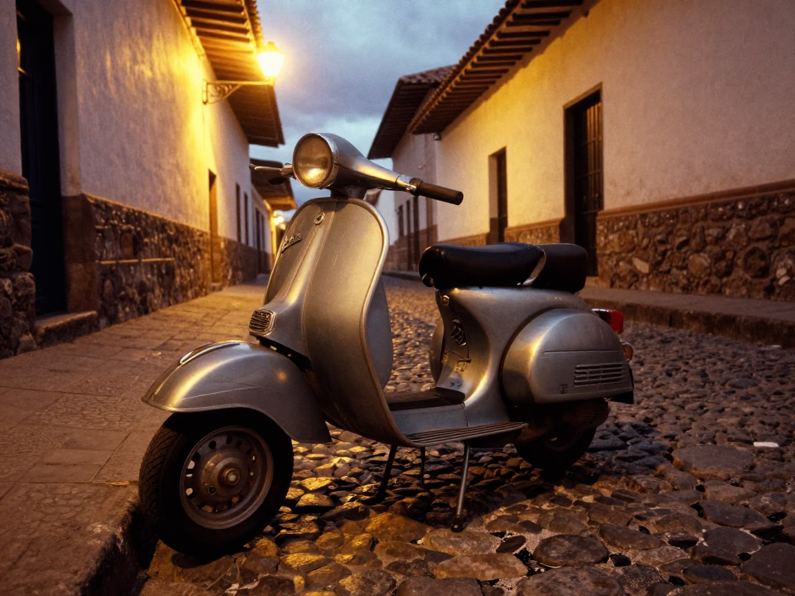 Cusco Vintage Vespa at As City Lights Begin To Glow in in Cusco, Peru