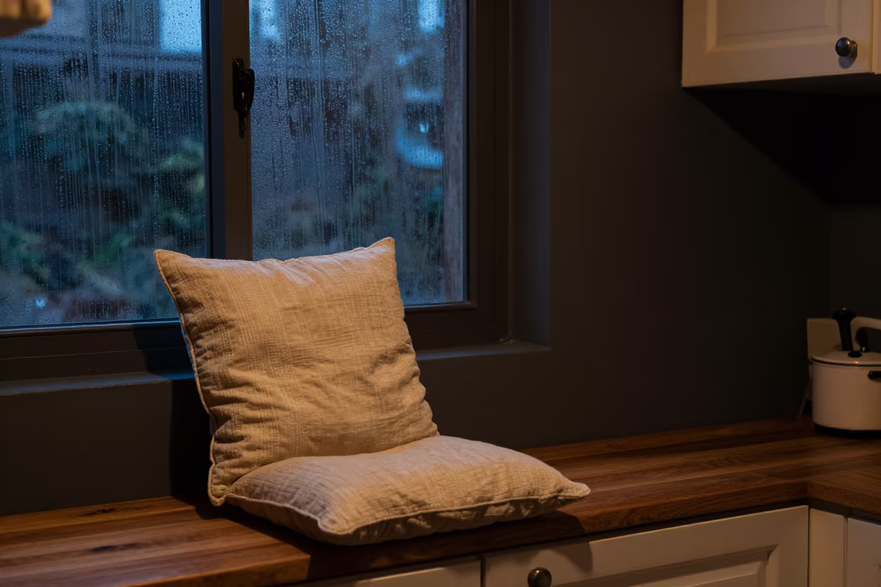 Cushion on Kitchen Bench Midnight Rain in beside a rain-streaked window near Bokhtar