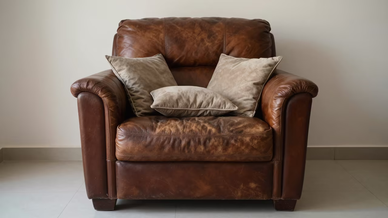 Cushion Nest on Leather Armchair in Nasiriyah in on a worn leather armchair in Nasiriyah