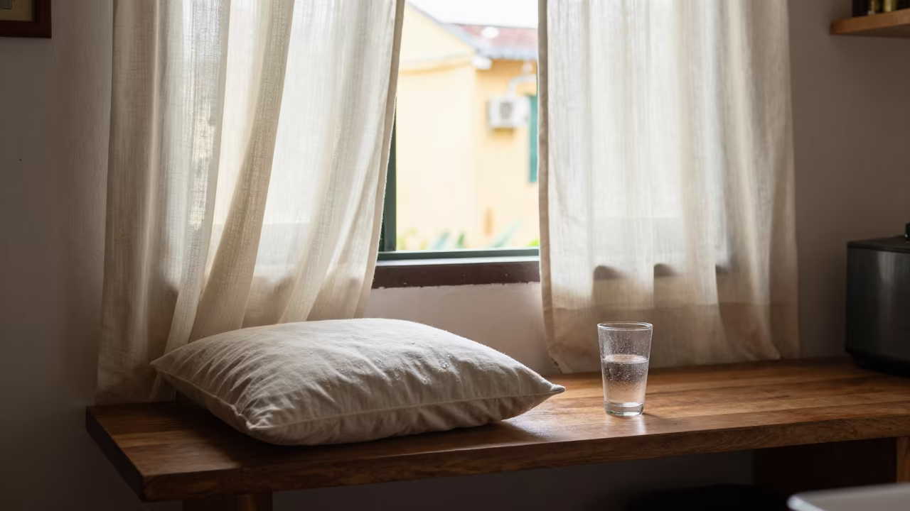 Cushion Old Curtain Fabric Kitchen Bench Hoi An in in a sunlit living room in Hoi An
