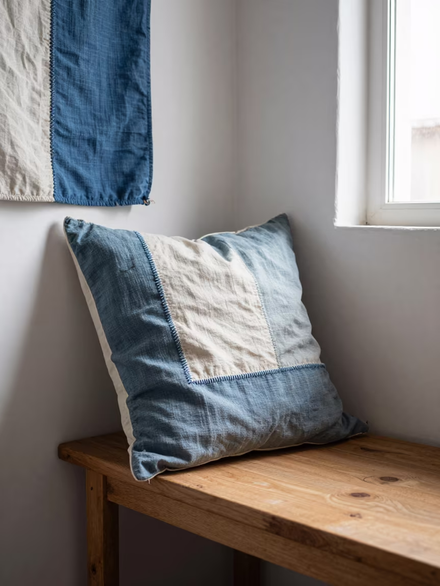 Cushion from Old Curtains on Winter Kitchen Bench in in a sunlit living room in Medina