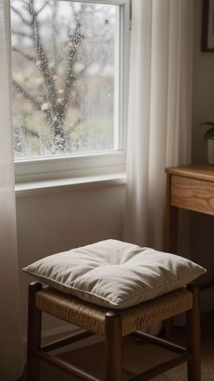 Cushion on Woven Stool by Window in on a writing desk in Des Moines