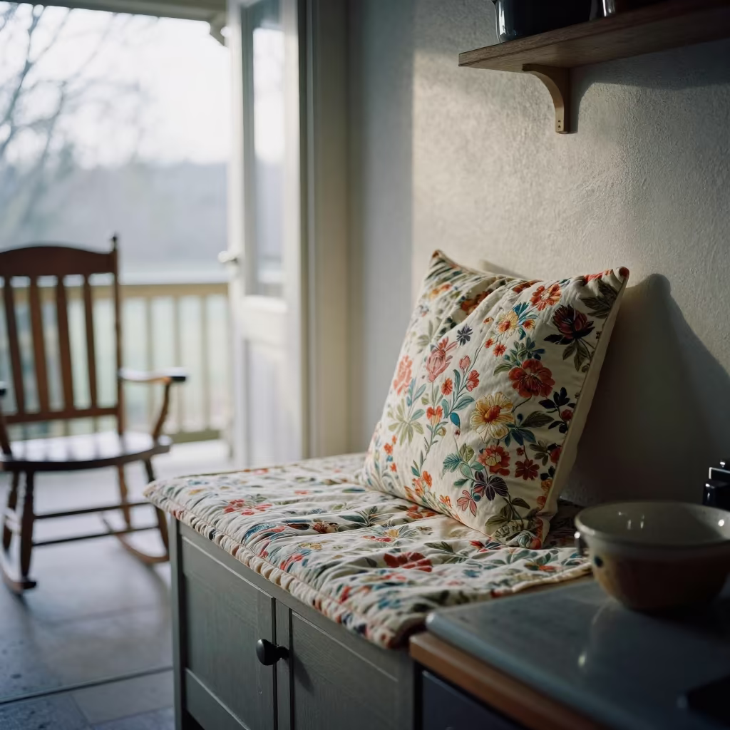 Cushion Sewn From Old Curtain Fabric in on a porch with a rocking chair near Avignon