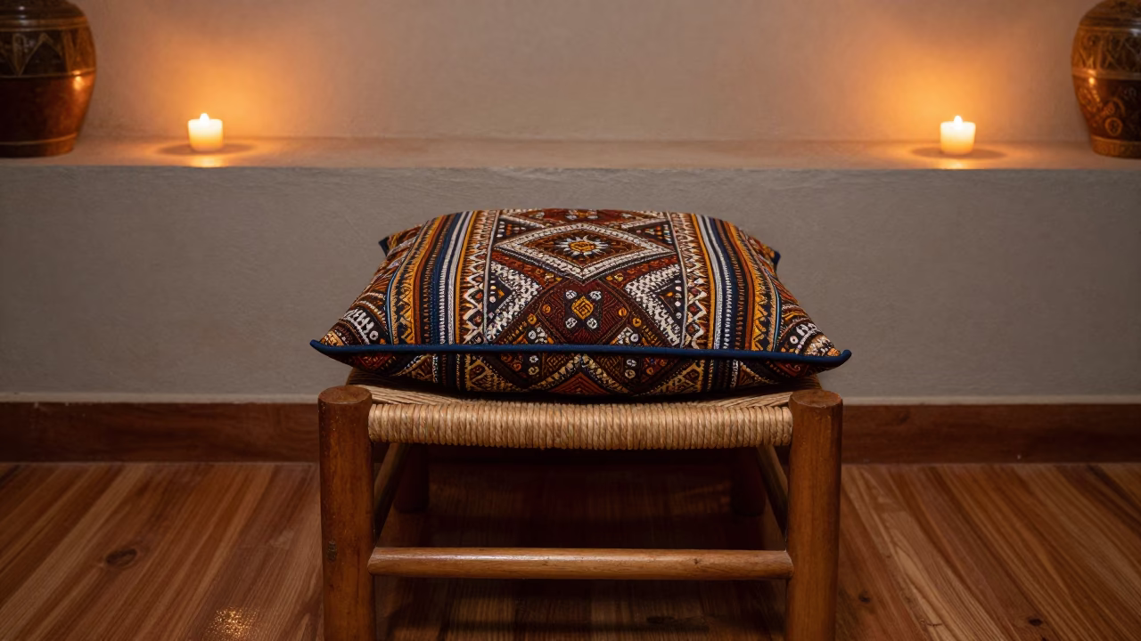 Cushion on Woven Stool in Sokoto Monsoon Light in on a painted display ledge in Sokoto
