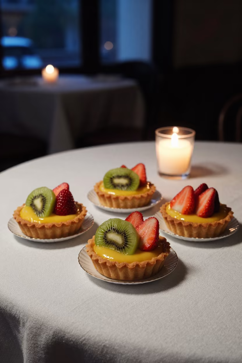 Custard Fruit Tarts on Linen Table in Jinan Night in on a linen-covered restaurant table in Jinan