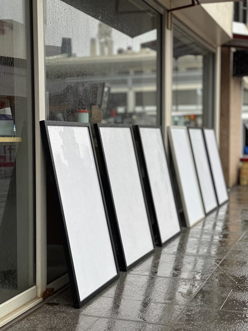 Custom Mat Corner Rack on Wet Mecca Street in along a storefront glass line on a wet street in Mecca