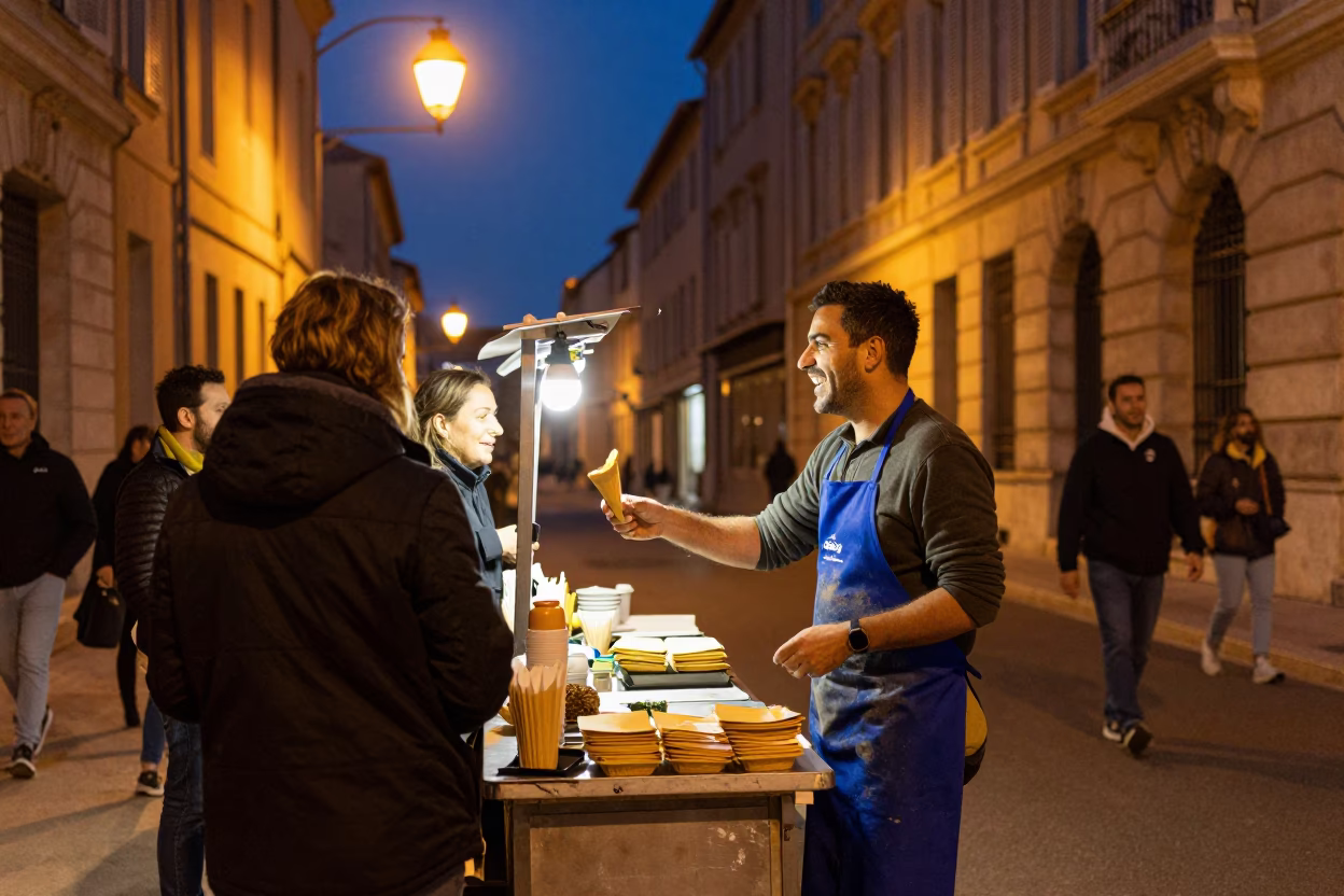 Customers after dark in Marseille in in Marseille, France