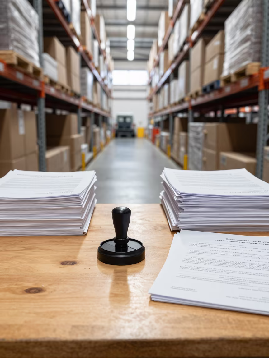 Customs Broker Stamp Pad Midmorning Warehouse Cape Town in inside a warehouse aisle near Cape Town