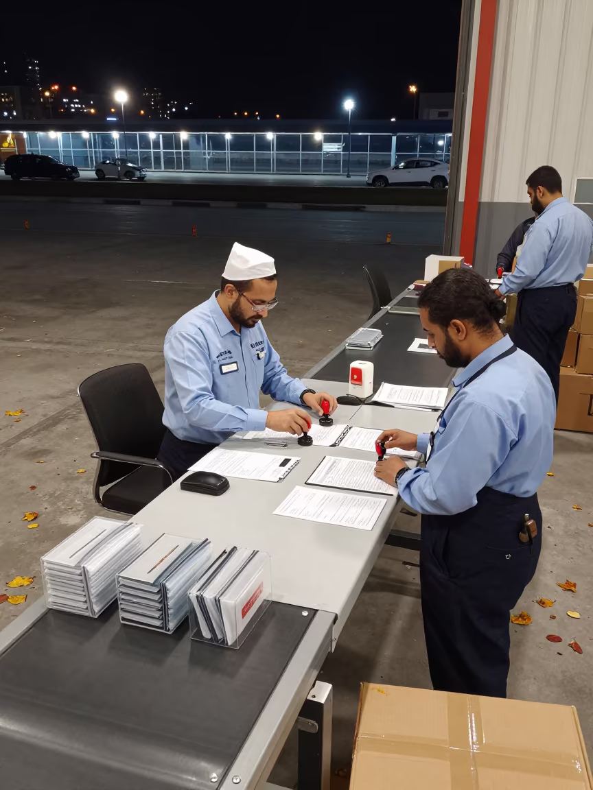Customs Documentation Desk at Karbala Parcel Sorting in at a parcel sorting belt in Karbala