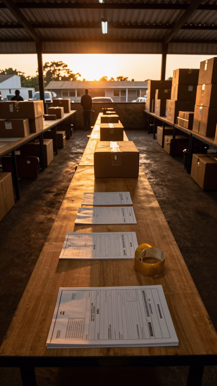 Customs Inspection Bench Dry Season Sunset in at a fulfillment packing station in Brazzaville