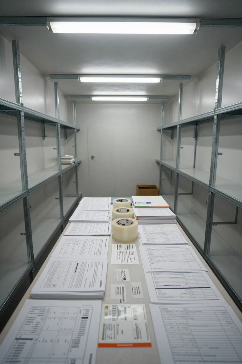 Customs paperwork table in chilled distribution bay in inside a chilled distribution bay near Płock