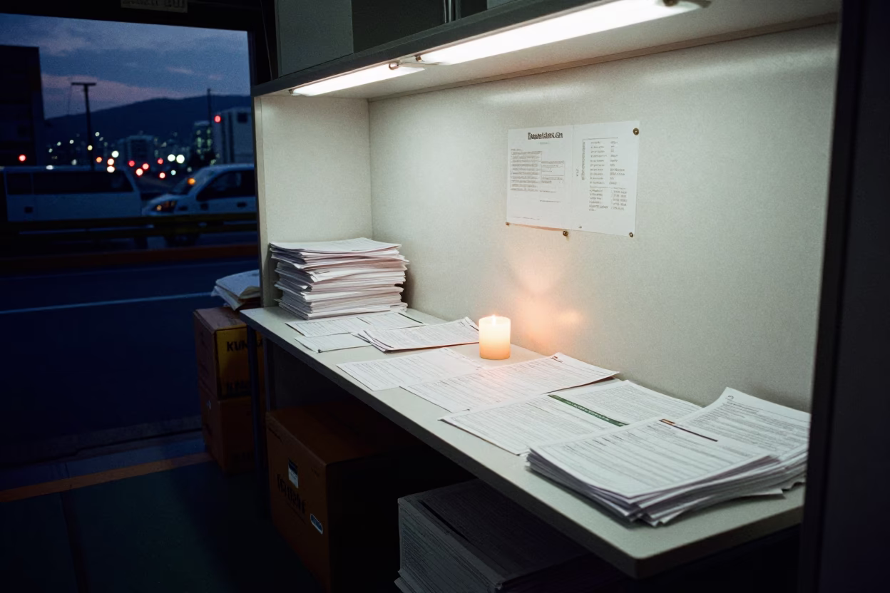 Customs Paperwork Table Under White Strip Lights in inside a chilled distribution bay near Daegu