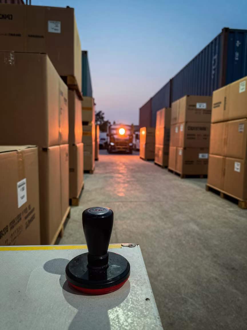 Customs Stamp Pad Before Dawn in Sukkur Warehouse in at a fulfillment packing station near Sukkur