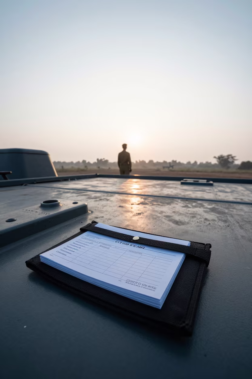 Customs Stamp Pouch Silhouette on Naval Deck Dawn in on a naval deck in rough wind in Tamil Nadu