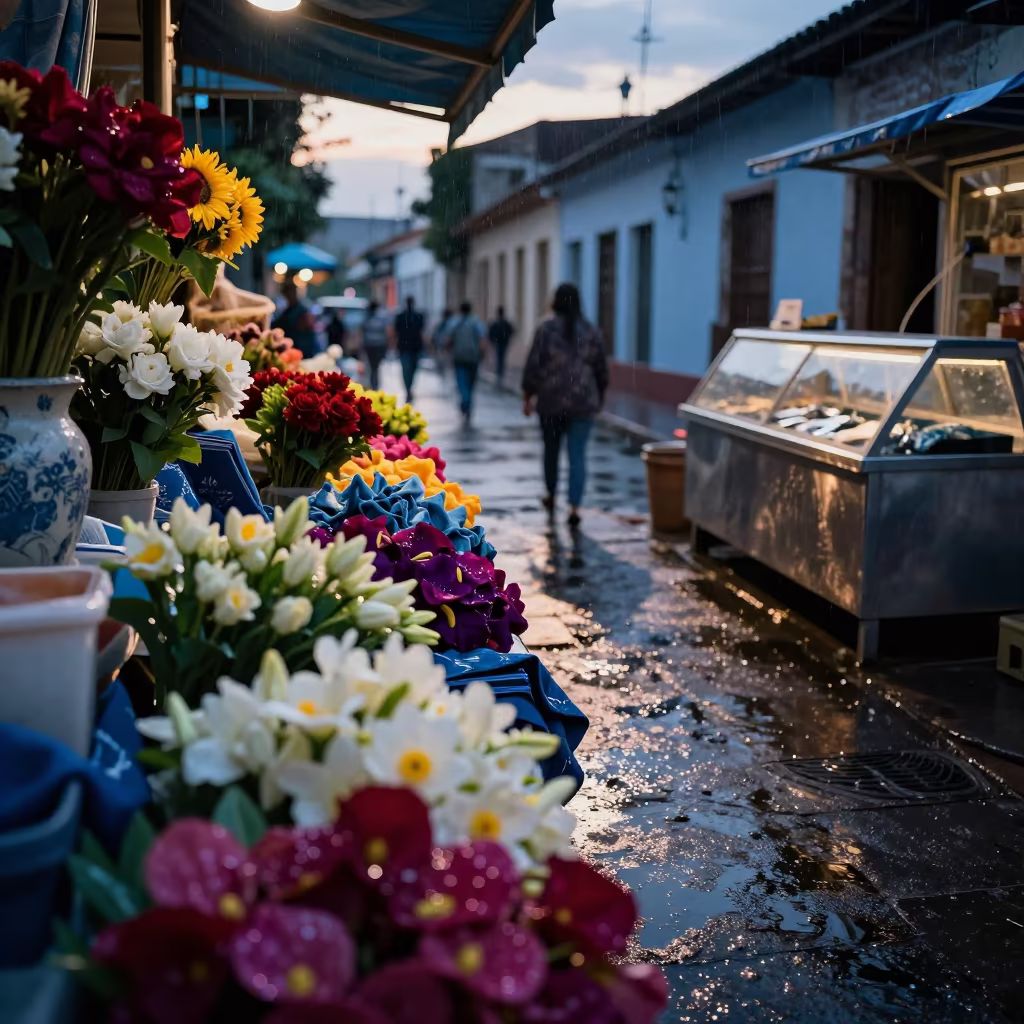 Cut Flowers on Wet Rail Beside Fish Counter Twilight in beside a fish counter in San Cristóbal