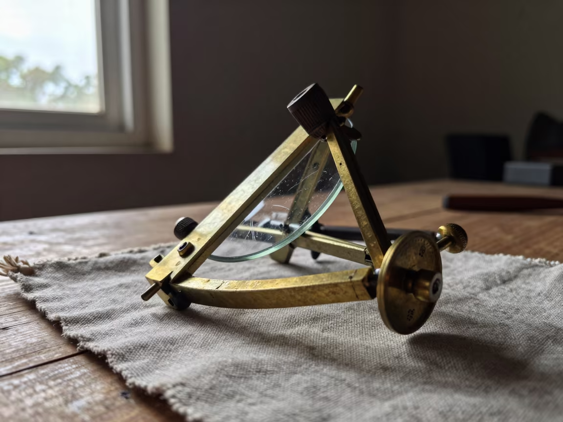 Cut Glass Sextant on Linen at Dawn in on a wooden workbench near Bobo-Dioulasso