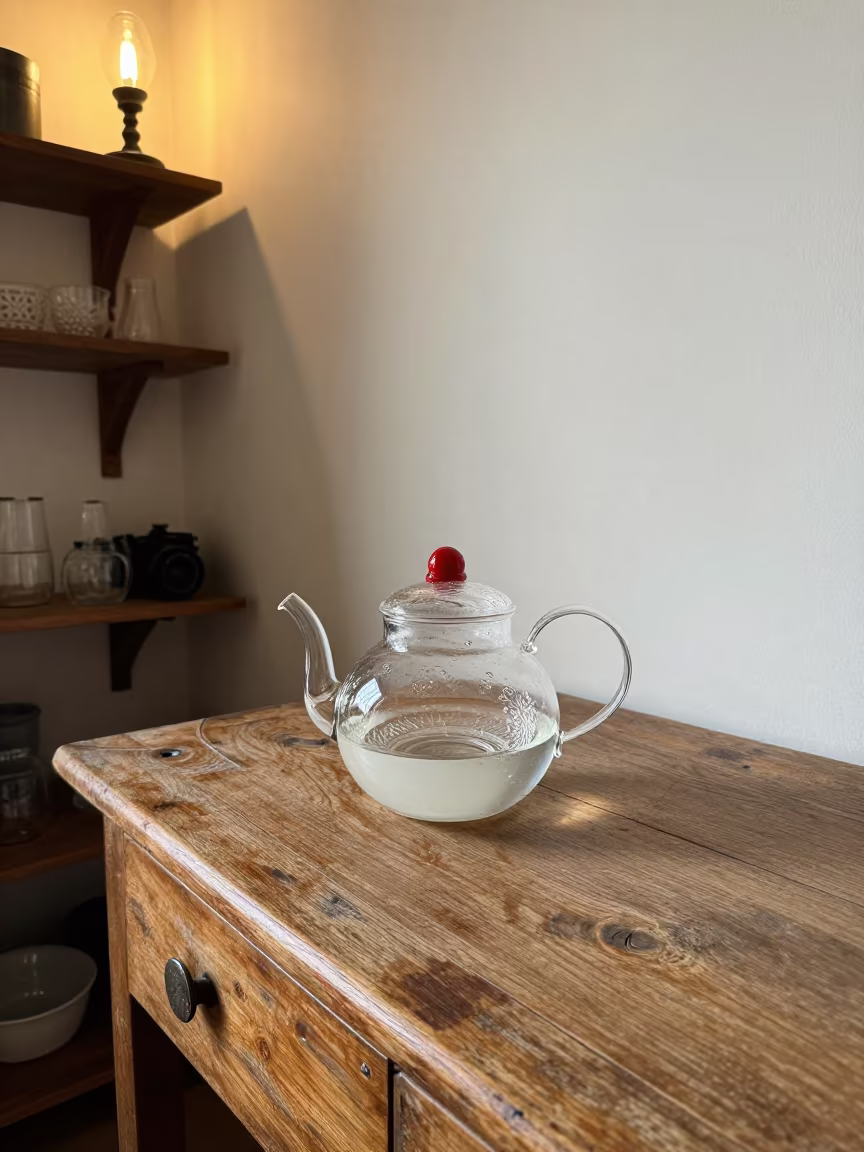 Cut Glass Teapot and Wax Seal on Oak Desk in on a workshop shelf near Vila Nova de Gaia, Porto
