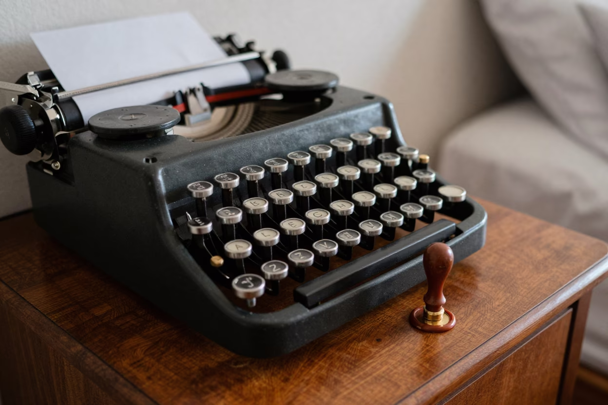 Cut-Glass Typewriter and Wax Seal on Oak Desk in on a bedside table in Walled City, Cartagena
