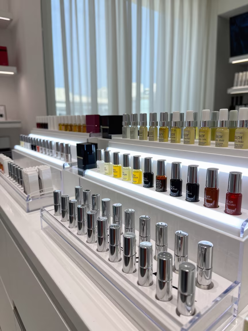 Cuticle Oil Sample Tray in Abu Dhabi Beauty Shop in in a beauty supply area under white LEDs near Abu Dhabi