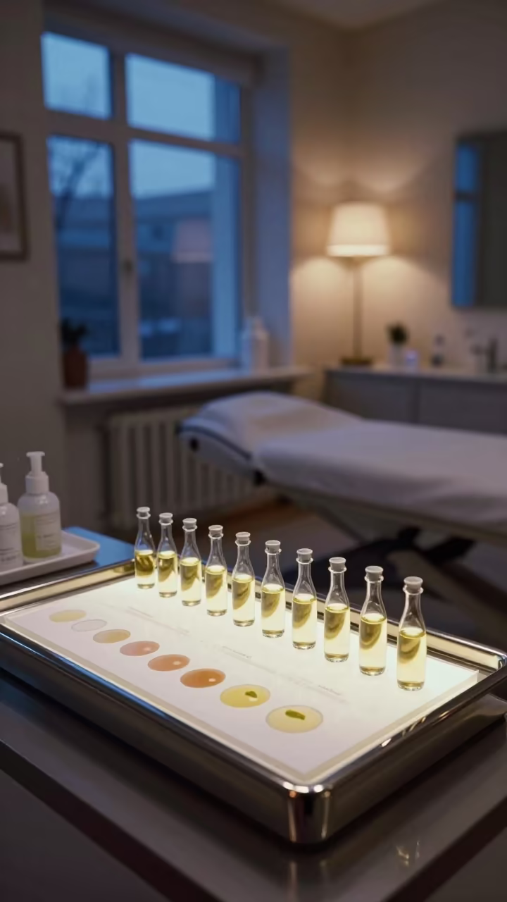 Cuticle Oil Sample Tray Evening Light in inside a skincare treatment room near Çorlu