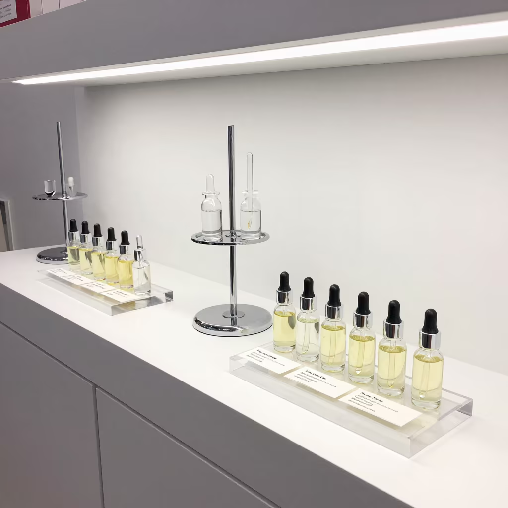 Cuticle Oil Sample Tray in Rajkot Salon Light in in a beauty supply area under white LEDs in Rajkot