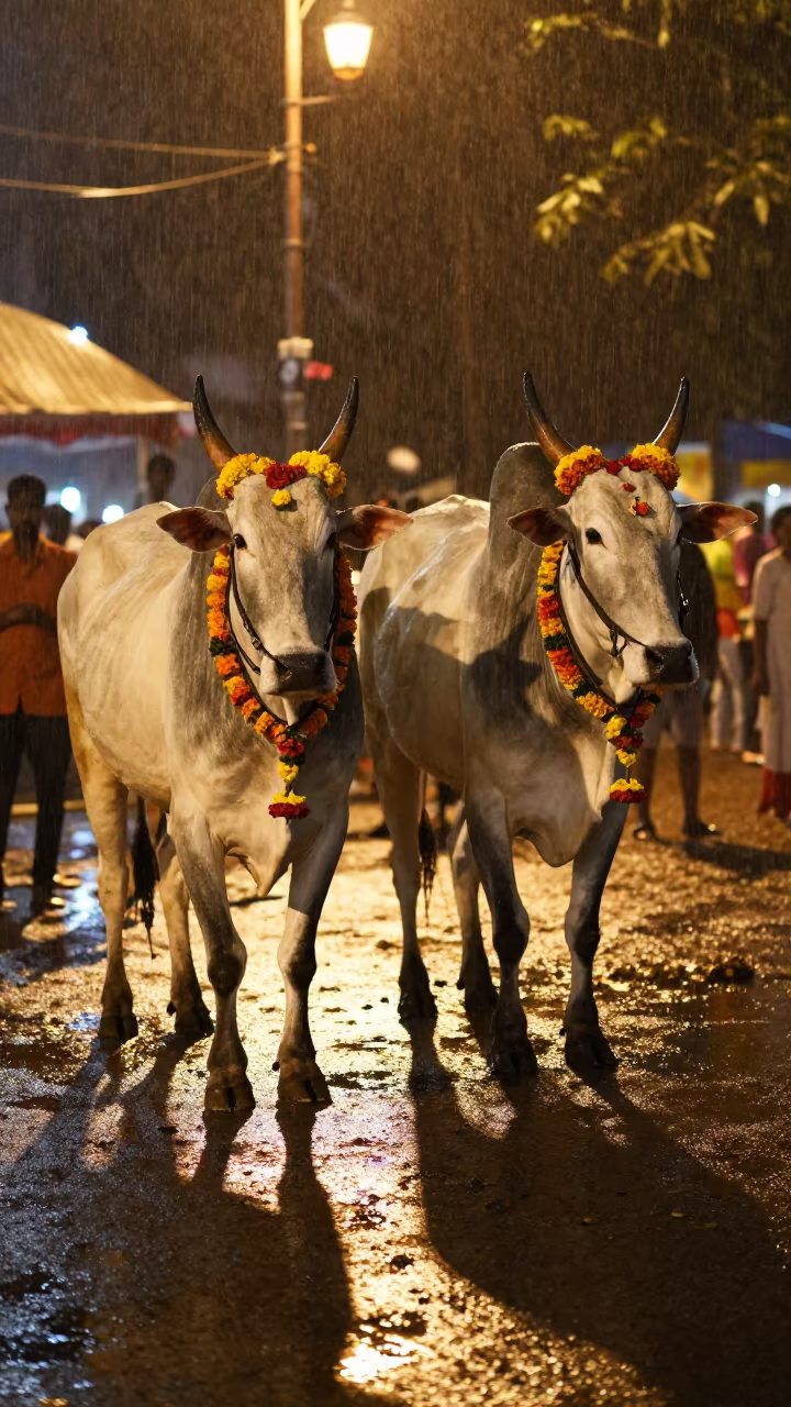 Cuttack Pongal Festival Cattle in Predawn Rain in at a public square during a festival in Cuttack