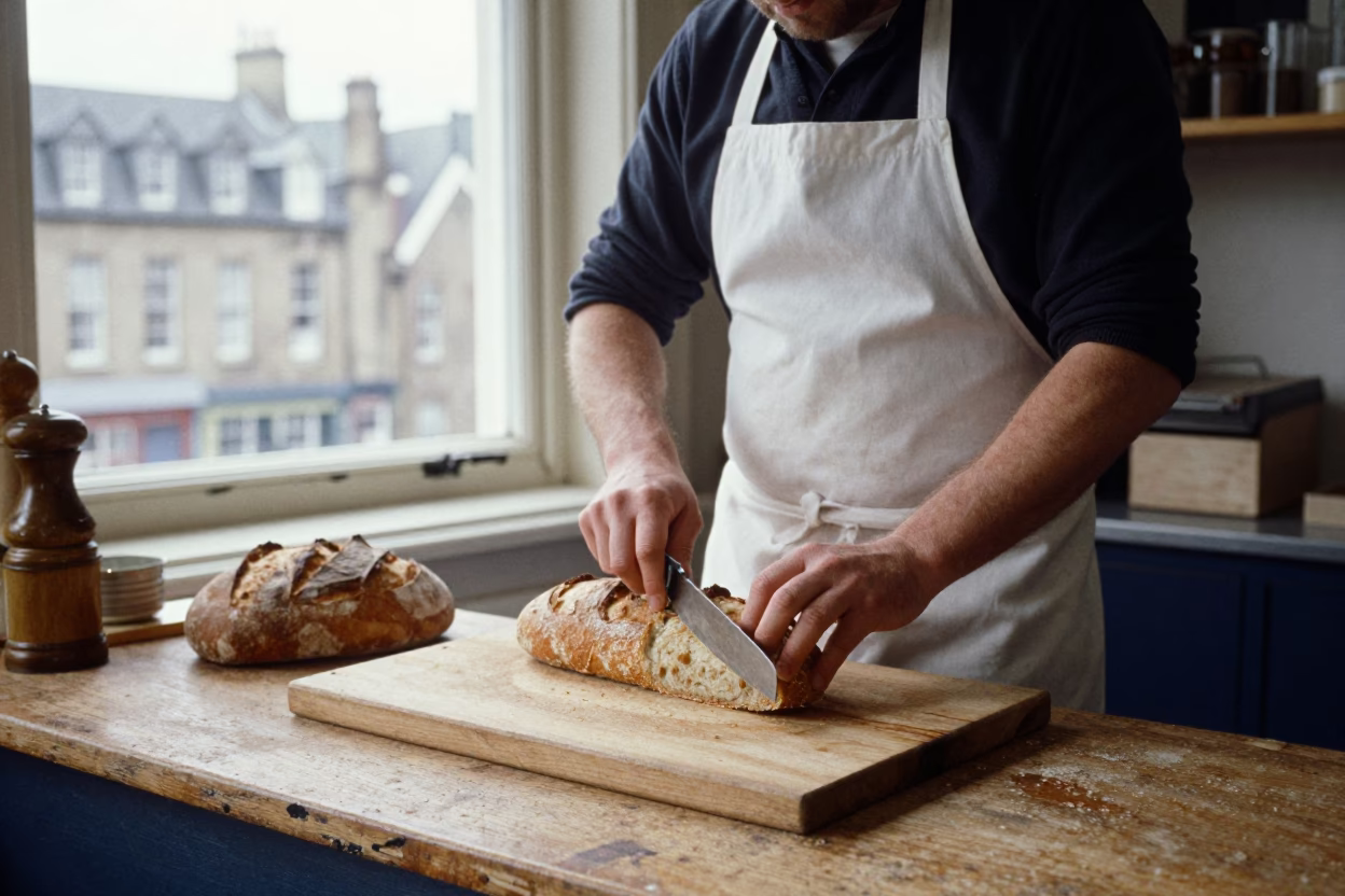 Cutting Bread in Edinburgh at Midday Light in in Edinburgh, United Kingdom