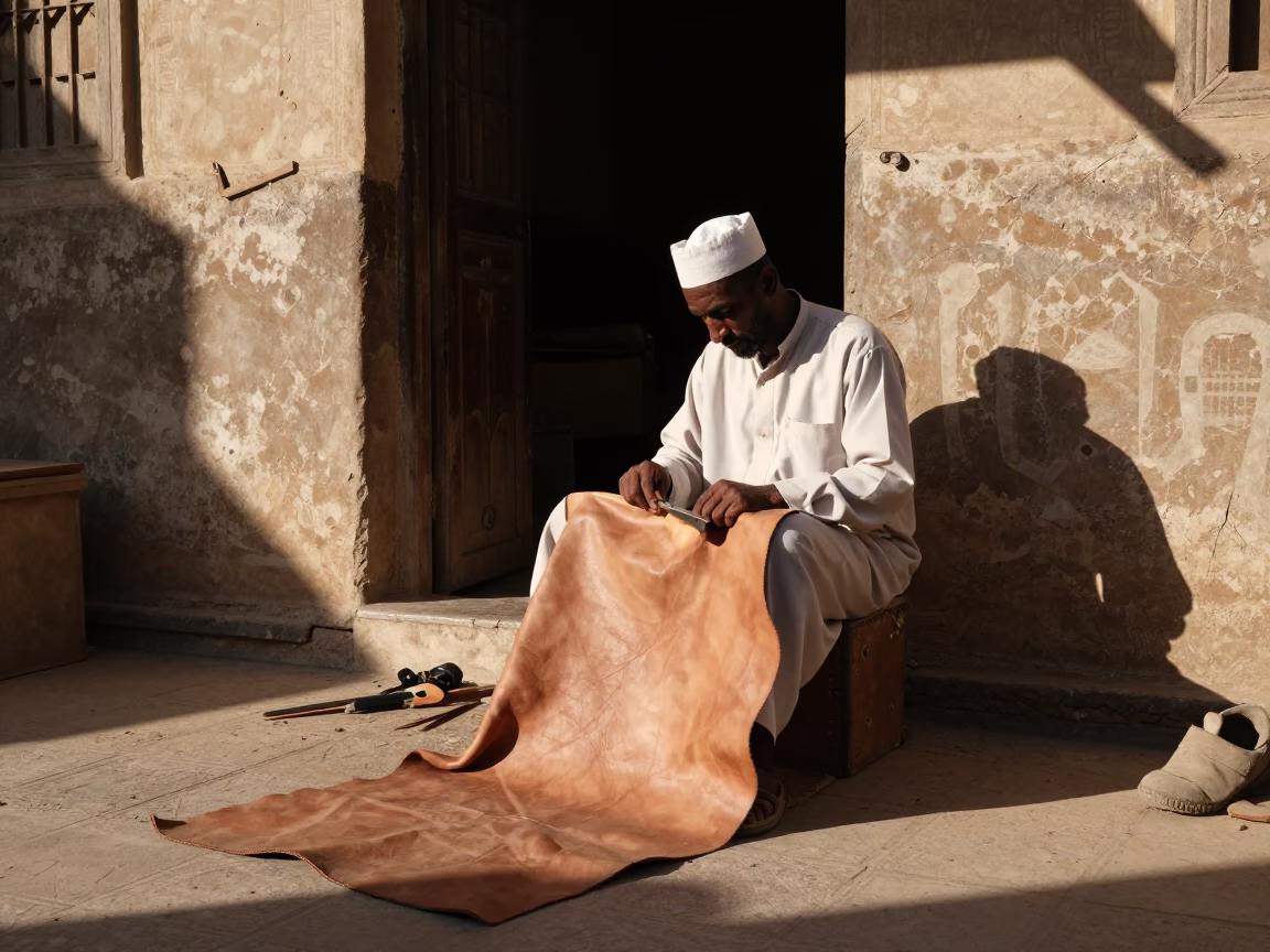 Cutting Leather at The Early Afternoon Light in Luxor in in Luxor, Egypt