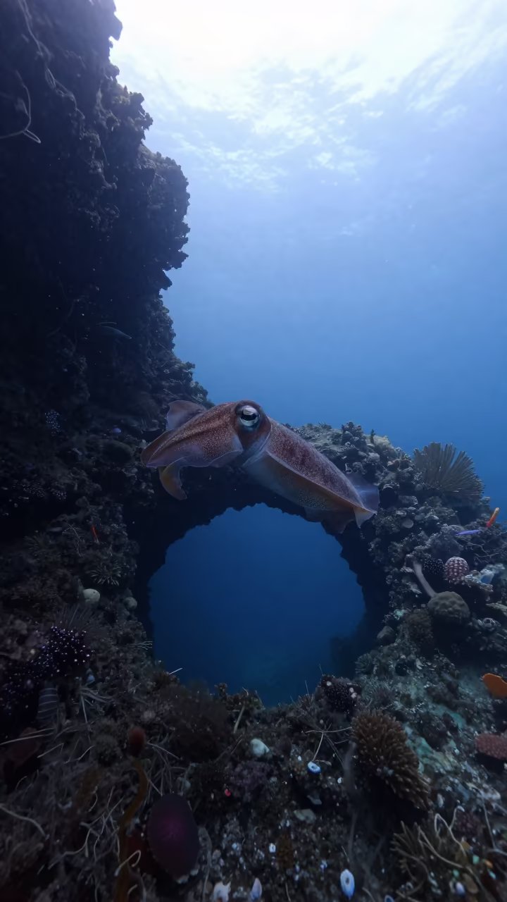 Cuttlefish Through Blue Hole Dawn Cebu in beside a volcanic reef overhang near Cebu