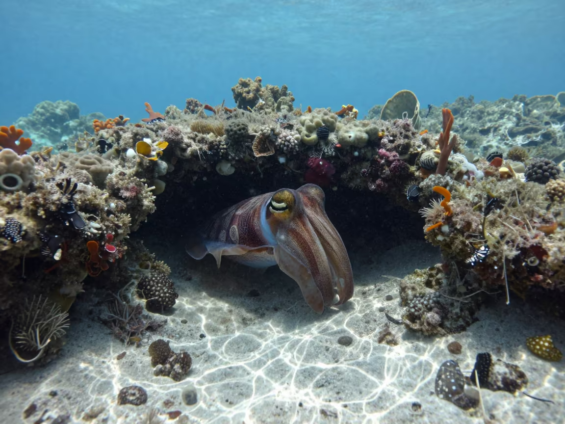 Cuttlefish Camouflage in Belize Reef Crevice in beside a reef crevice under clear water near Belize City