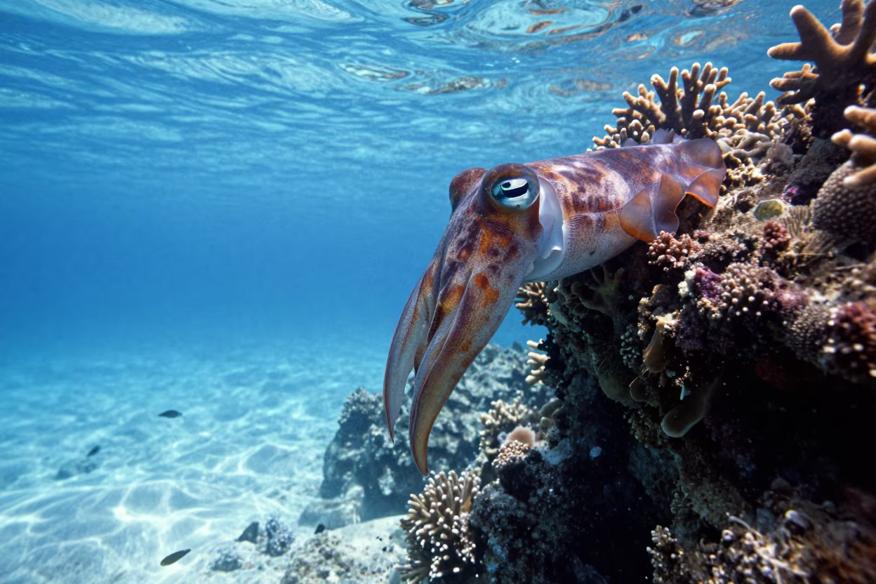 Cuttlefish Changing Color on Coral Wall Denpasar in along a coral wall with blue water beyond near Denpasar