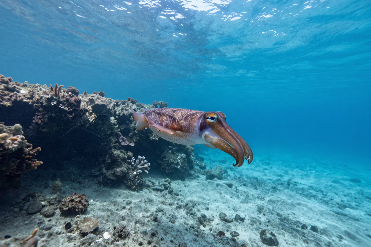 Cuttlefish in Cobalt Reef Light in beneath a reef ledge in tropical shallows near Denpasar