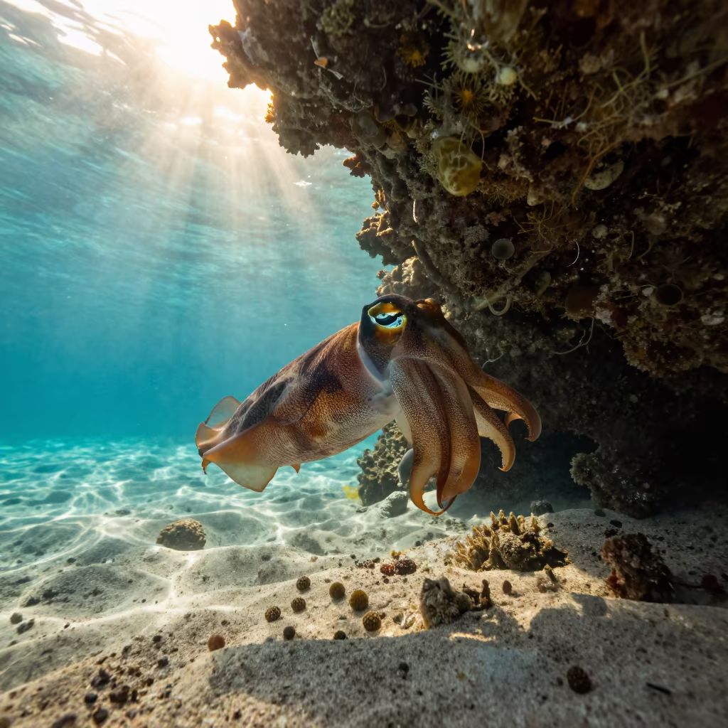 Cuttlefish Color Shift Beneath Reef Ledge at Sunrise in beneath a reef ledge in tropical shallows near Denpasar