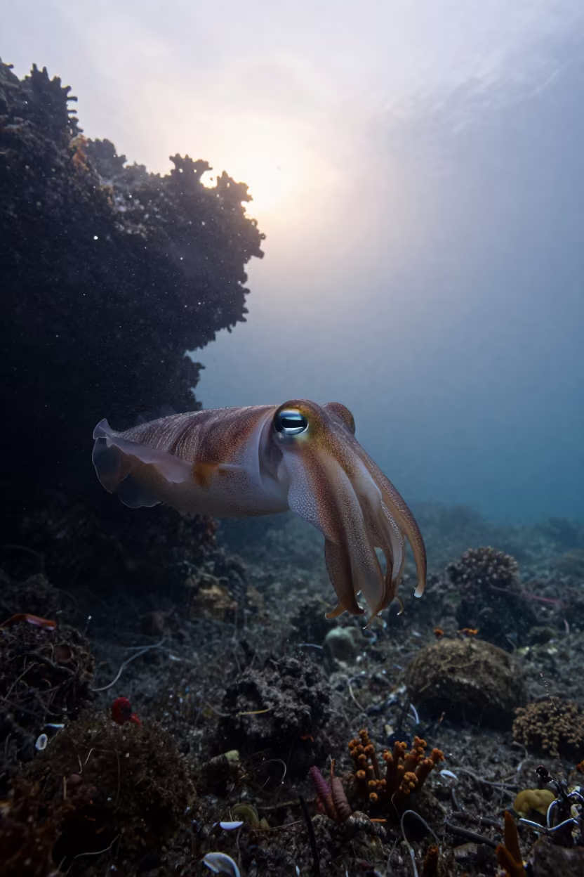 Cuttlefish at Dawn Over Belize Volcanic Reef in beside a volcanic reef overhang near Belize City