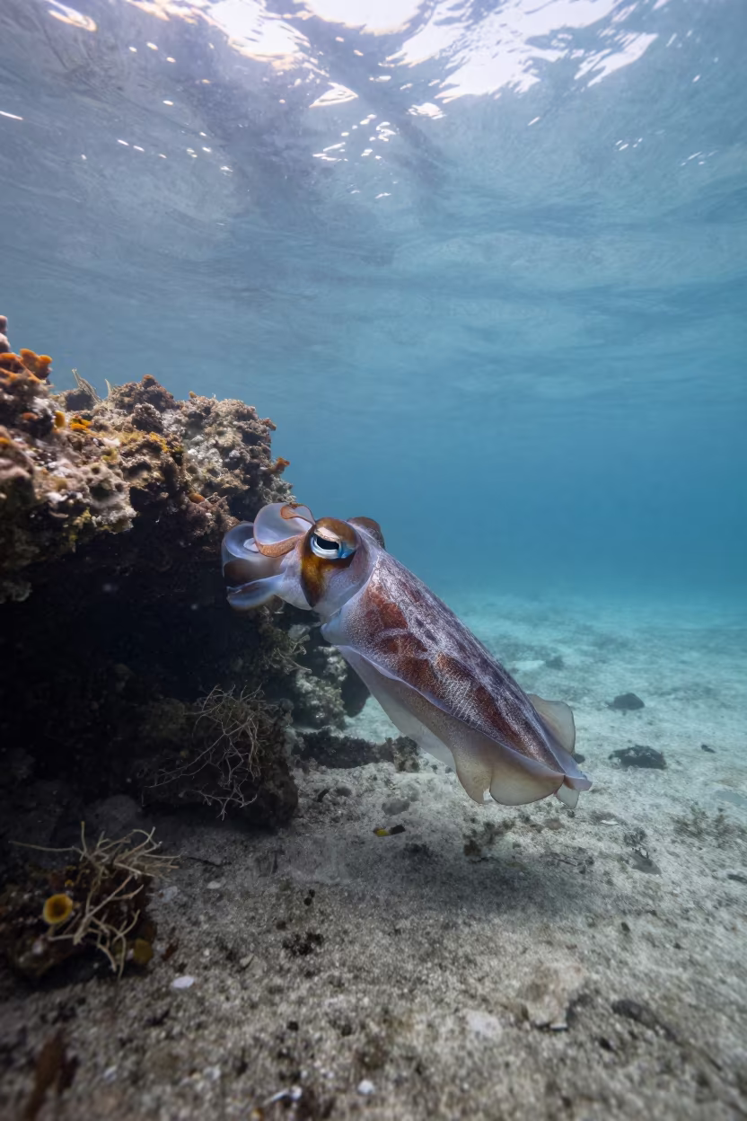 Cuttlefish in Dawn Haze Near Reef Crevice in beside a reef crevice under clear water near Denpasar