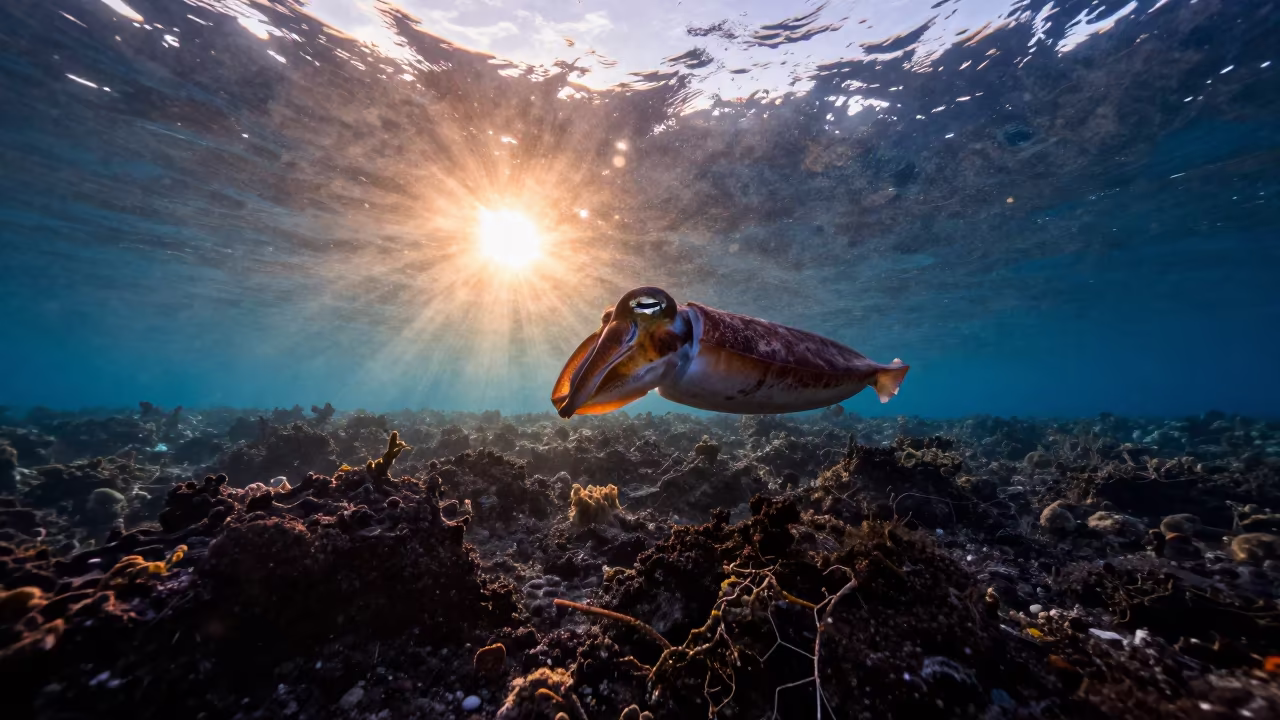 Cuttlefish in Dawn Haze Over Volcanic Reef in beside a volcanic reef overhang near Zanzibar