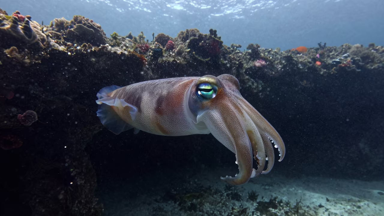 Cuttlefish in Dawn Plankton Haze Near Cebu Reef in beside a reef crevice under clear water near Cebu