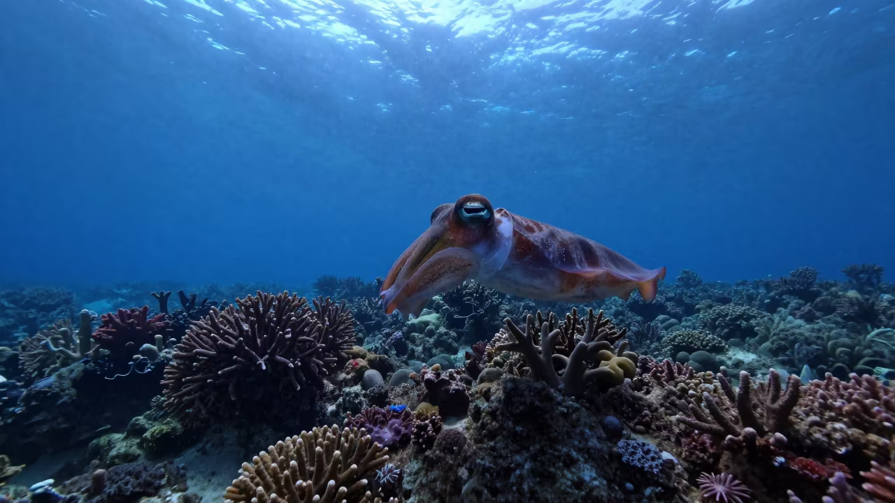 Cuttlefish Drifting in Blue Hour Twilight Water in along a coral wall with blue water beyond near Stone Town