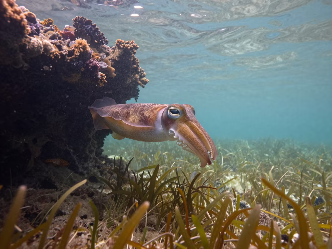 Cuttlefish Drifting Through Seagrass at Dawn in beside a volcanic reef overhang near Cairns