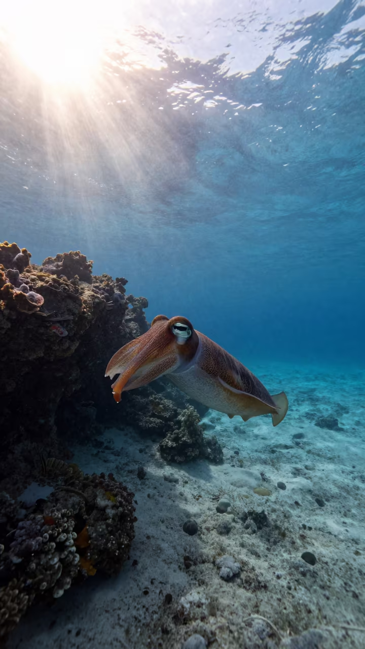 Cuttlefish Drifts Through Blue Hole at Dawn in beneath a reef ledge in tropical shallows near Zanzibar