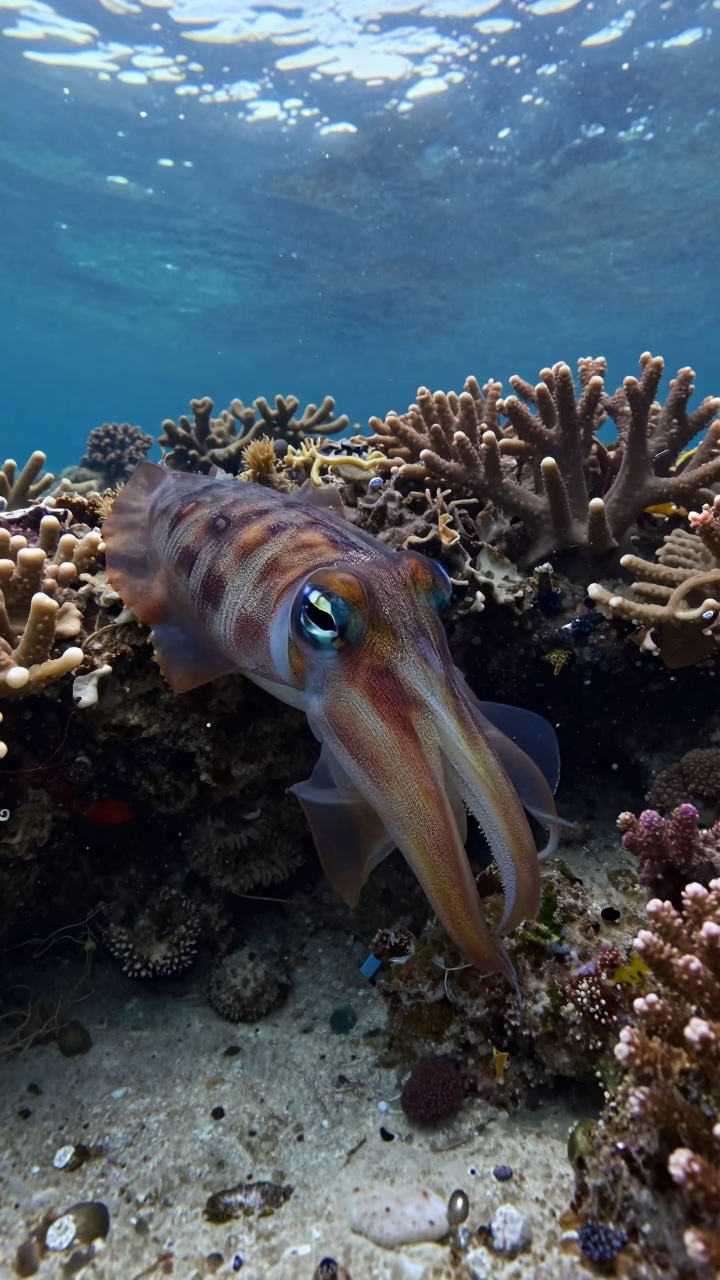 Cuttlefish Flashing Patterns on Coral Wall at Twilight in along a coral wall with blue water beyond near Cairns