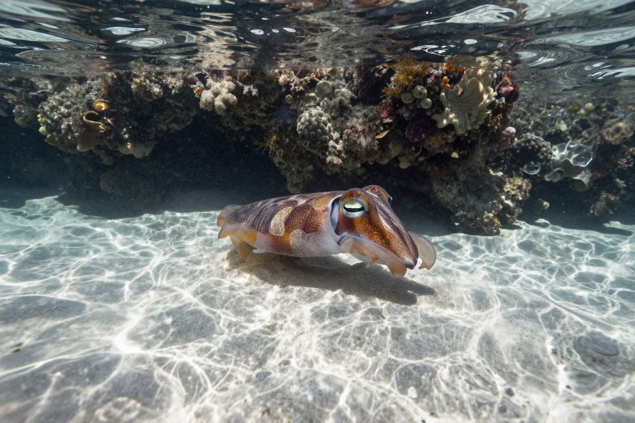 Cuttlefish Flashing Colors Beneath Reef Ledge in beneath a reef ledge in tropical shallows near Cebu
