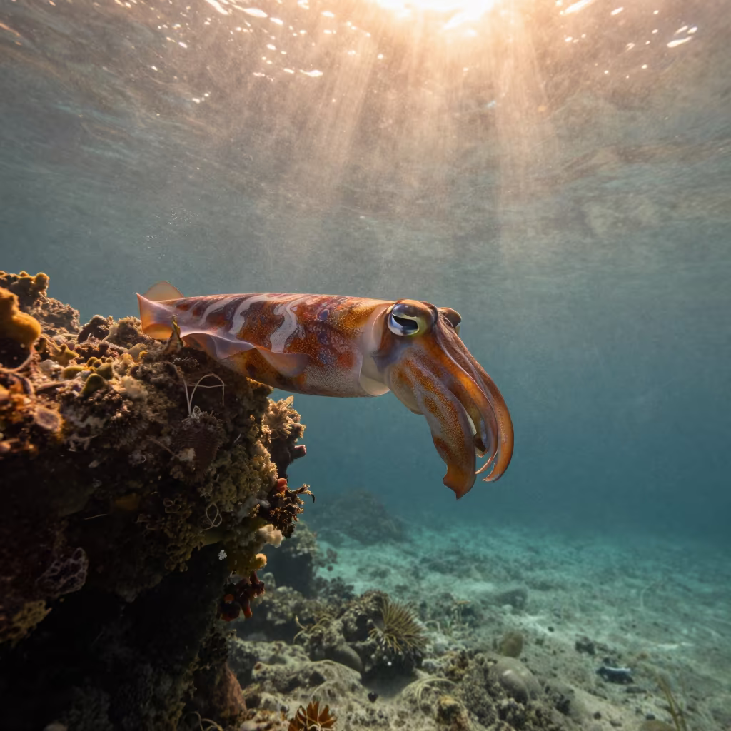 Cuttlefish Flashing Colors Near Reef Crevice in beside a reef crevice under clear water near Denpasar