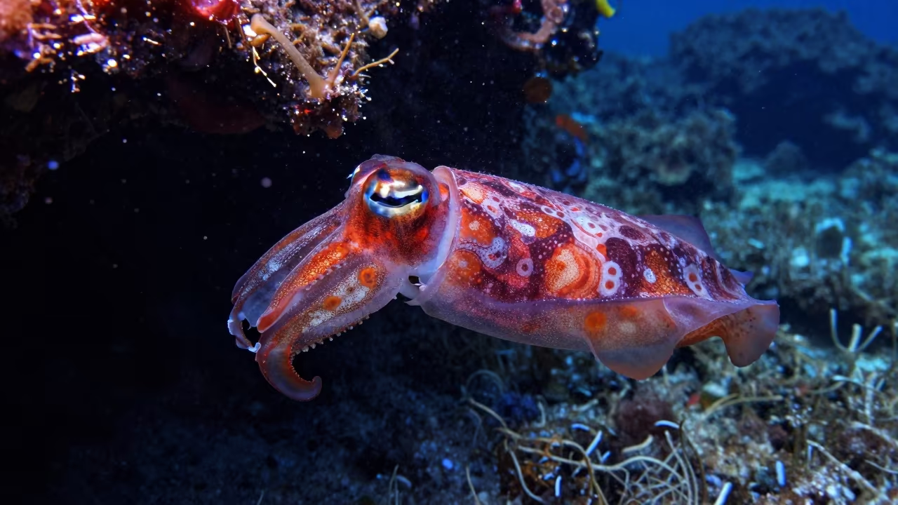 Cuttlefish Flashing Colors Under Reef Ledge in beneath a reef ledge in tropical shallows near Denpasar