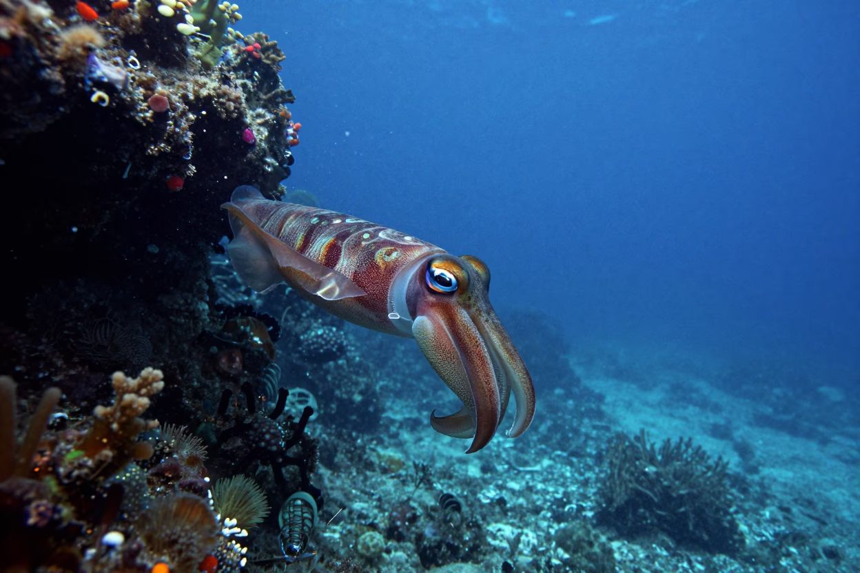 Cuttlefish Flashing Colors on Volcanic Reef in beside a volcanic reef overhang near Cebu