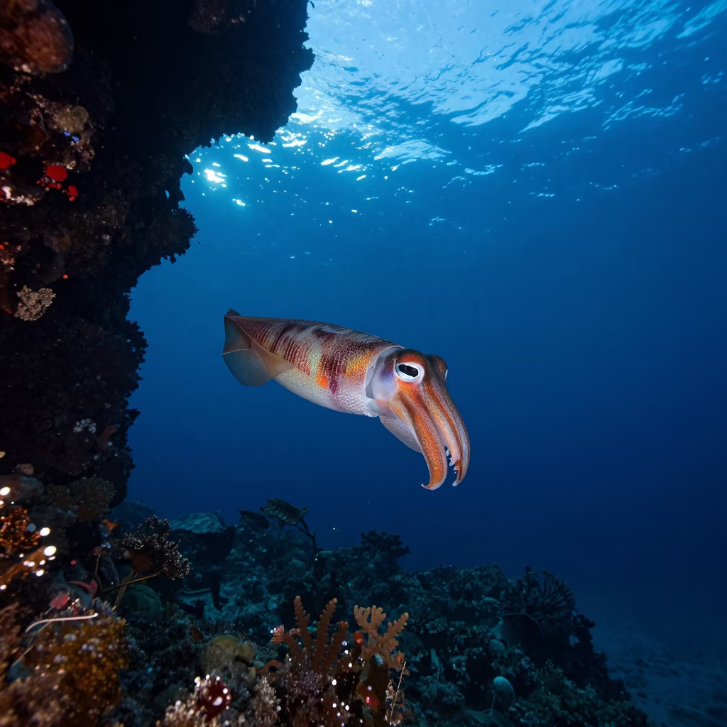 Cuttlefish Flashing Colors on Volcanic Reef in beside a volcanic reef overhang near Cairns