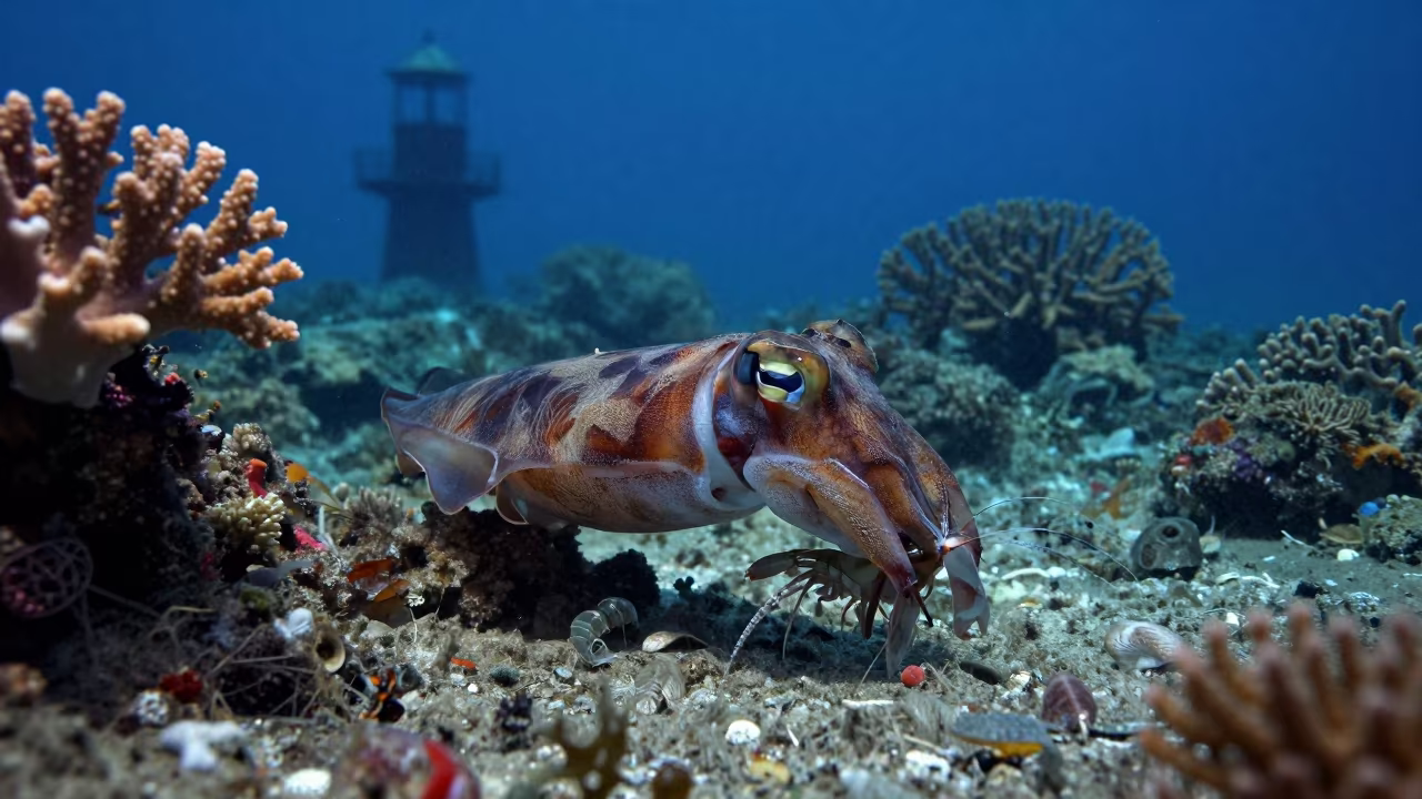 Cuttlefish Hunt on Reef at Predawn in along a coral wall with blue water beyond near Denpasar
