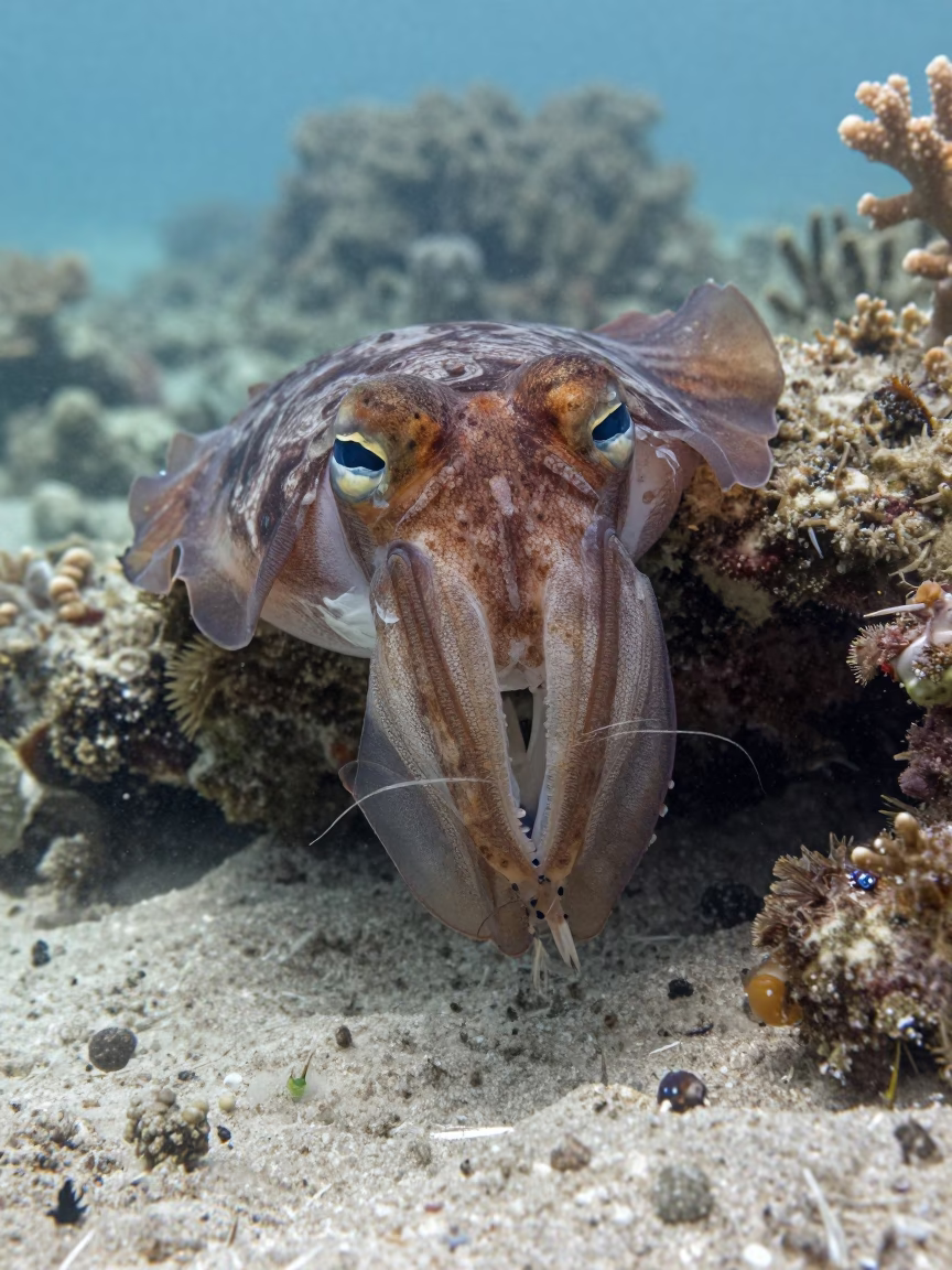 Cuttlefish Hunting Shrimp on Reef Under Noon Light in beside a reef crevice under clear water near Cebu